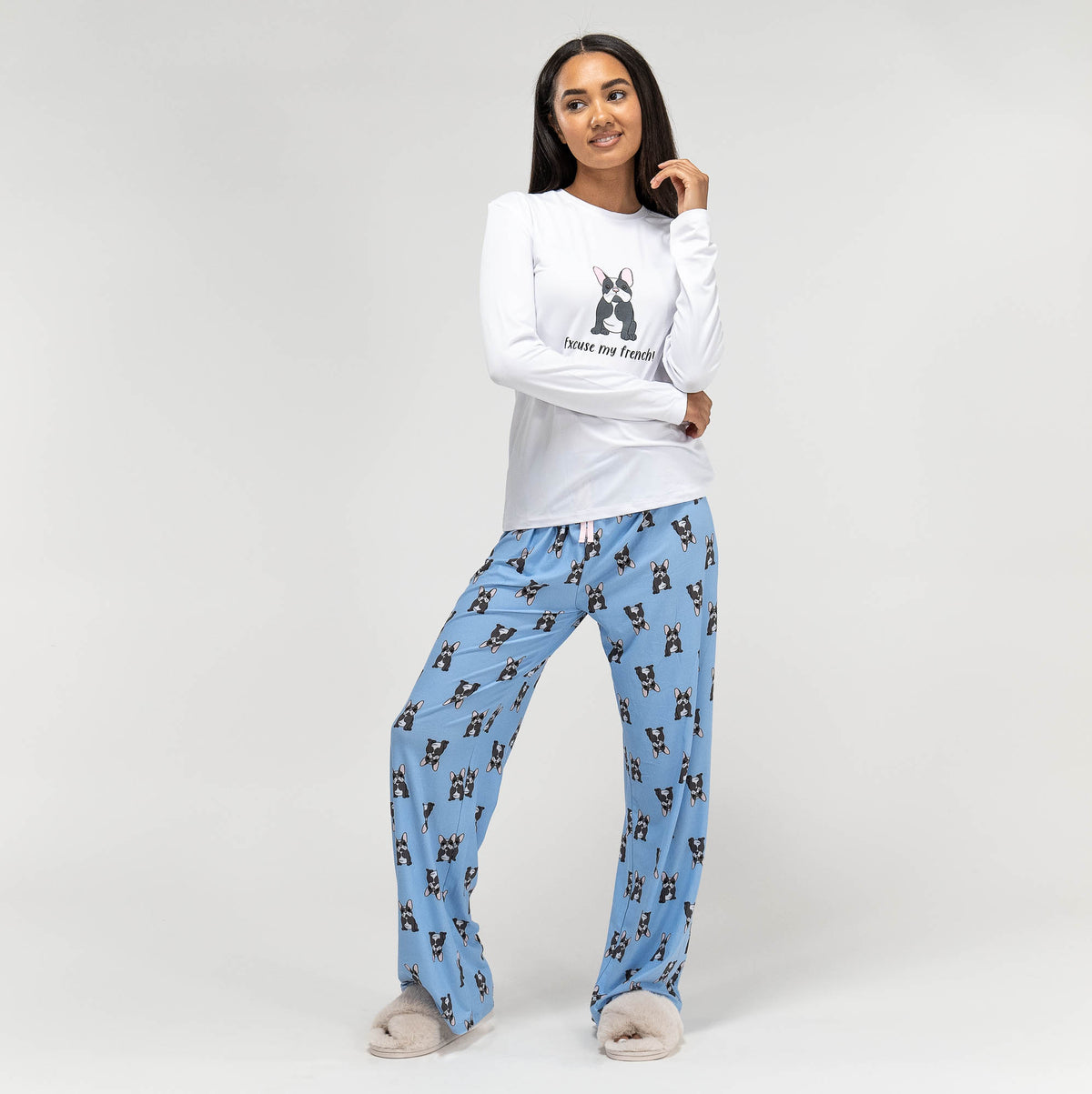 Damen-Jersey-Pyjama mit Frenchie-Slogan, Langärmeliges Blau / DE Hose, S-L, & Oberteil Bertha Weiß– Original Big Größe