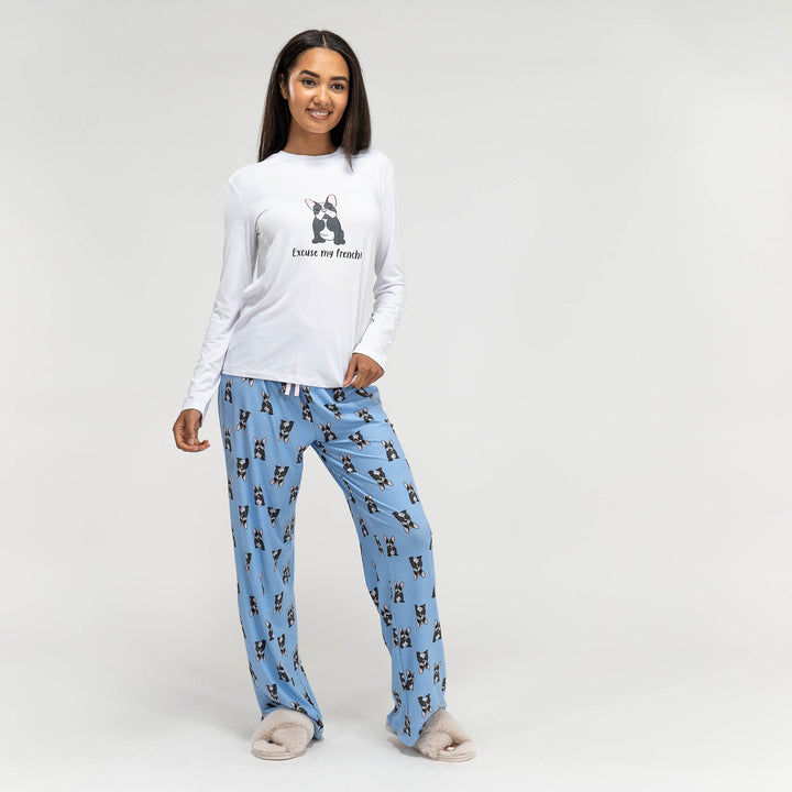 Damen Jersey Pyjamas mit Bulldogge Slogan 03