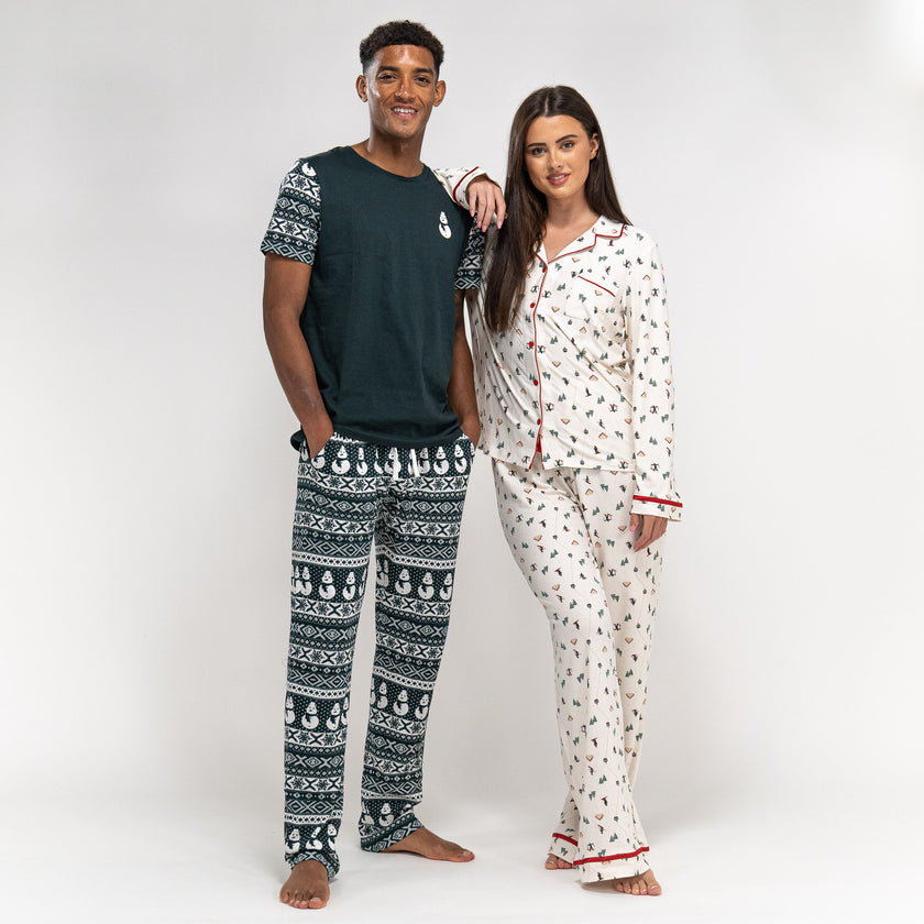 Pyjamas Weiß Oberteil Hose, Damen Original & Größe: S-L, Weihnachts-Skimotiv, Langärmeliges Big DE Jersey / Rot– mit Bertha