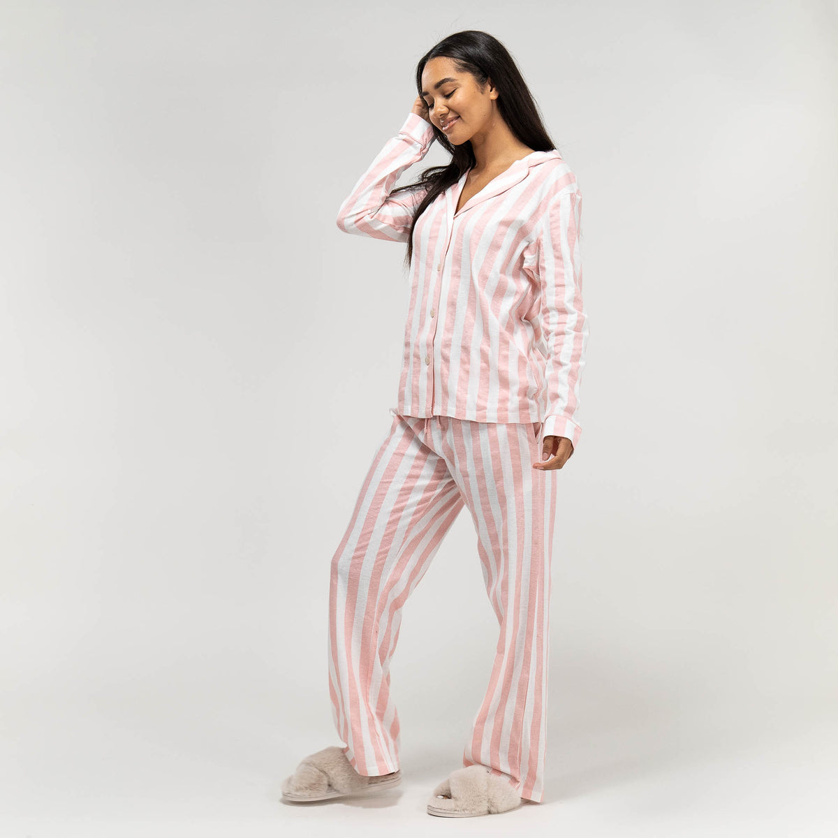 gestreifter DE Hose, XS-L, Jersey-Pyjama Original für Damen, Weiß– Langärmeliges Bertha Rosa & Big Pink / Größe: Oberteil
