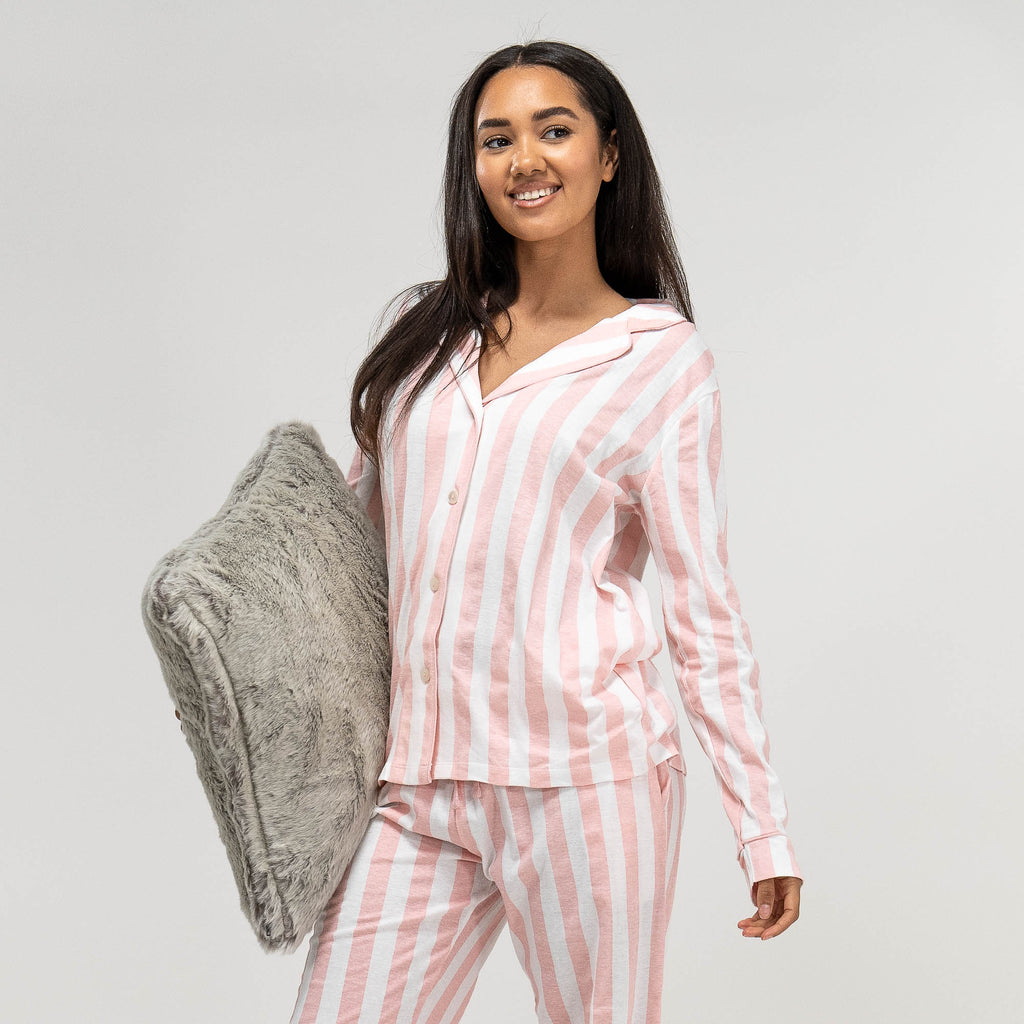 Rosa gestreifter Jersey-Pyjama Größe: DE Hose, Langärmeliges Oberteil Big für Original & Damen, Pink / Bertha XS-L, Weiß–